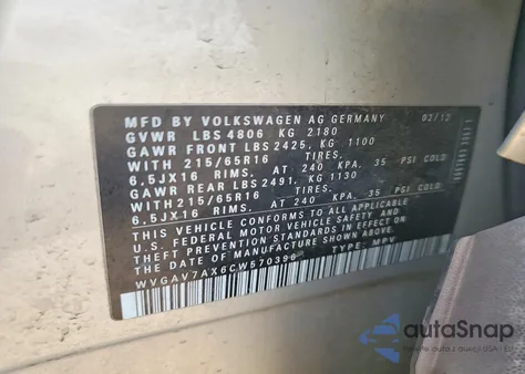 2012 Volkswagen Tiguan S from USA, damaged, VIN WVGAV7AX6CW570396